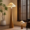 Wooden Floor Lamp With Light Shade White Ball Top Small Lamp Green Plant Window Blinds