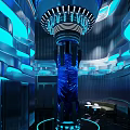 Modern Tech Inspired KTV Interior With Blue Neon Lights And Robot Decor