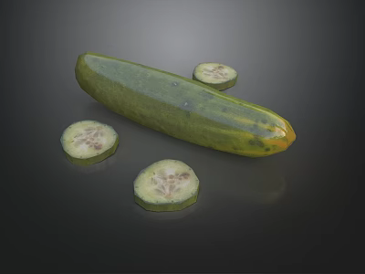 Vibrant Fresh Green Whole Cucumber With Sliced Pieces On Dark Background 3d model