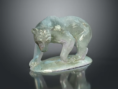 Metallic Bear Sculpture with Bowing Head and Reflective Base on Dark Background 3d model