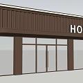 Modern Hotel Entrance Design With Brown Frame Glass Doors And HOTEL Sign
