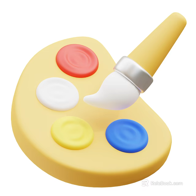 Vibrant Art Supplies Palette With Red White Yellow Blue Paints And Brush For Painting 3d model 
