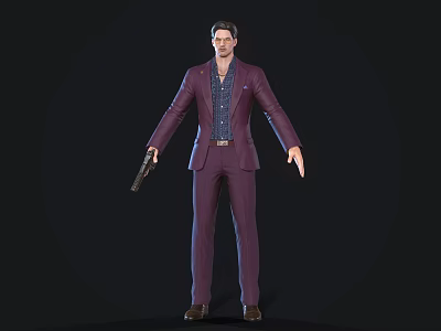 Game Movie Character Wearing Purple Suit Holding Gun On Black Background 3d model