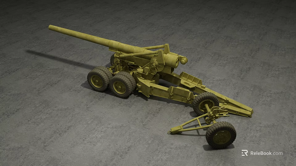 Military Green Artillery Gun With Long Barrel Wheels And Carriage 3d model 