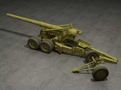 Military Green Artillery Gun With Long Barrel Wheels And Carriage 3d model