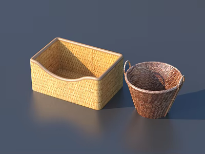Practical Handwoven Storage Baskets with Handles Rectangular and Round Household Items 3d model