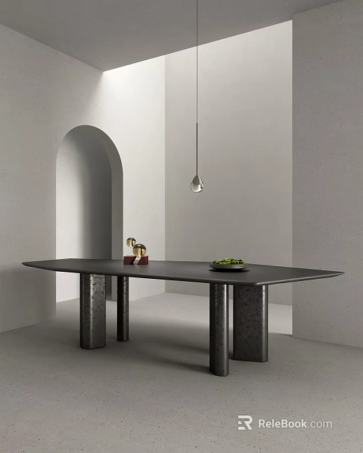 Contemporary Dining Table With Metal Legs Gold Decor Green Food Plate And Arched Doorway 3d model 