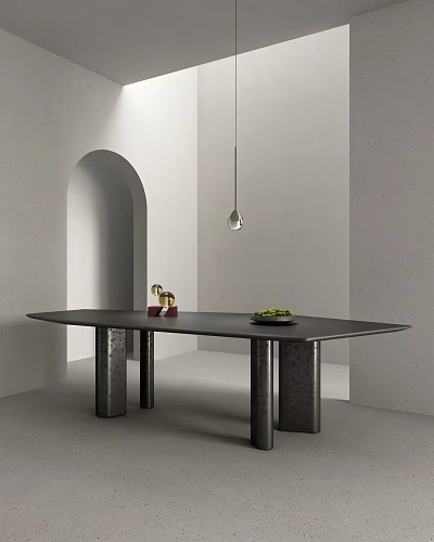 Contemporary Dining Table With Metal Legs Gold Decor Green Food Plate And Arched Doorway 3d model