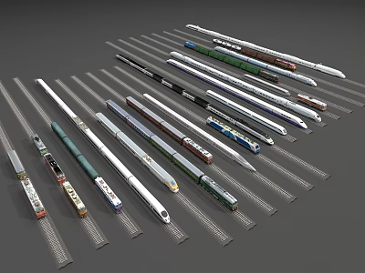 Various Types of Modern Trains on Tracks with Different Colors and Designs 3d model