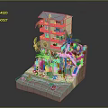 Multi Story Yellow Beachfront Building Model With Palm Trees And Colorful Beach Umbrellas