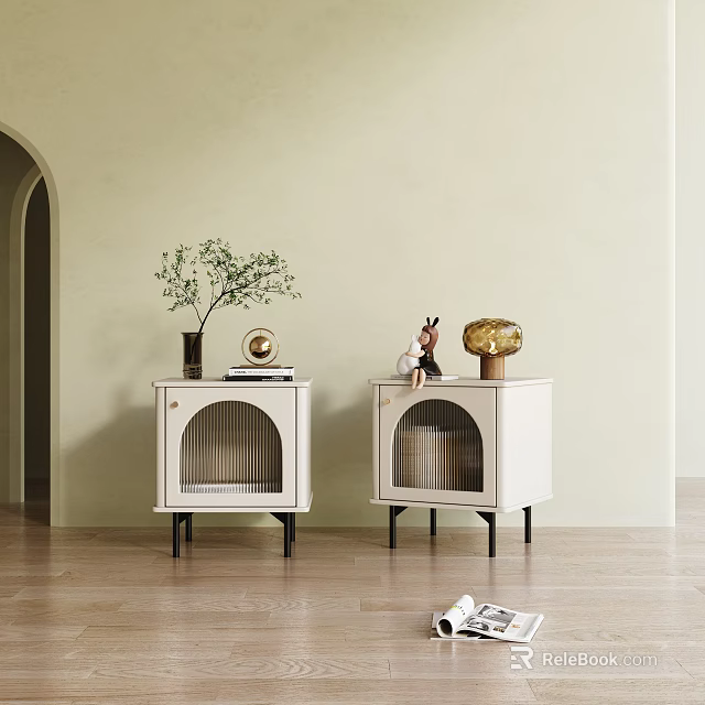 White Bedside Tables With Black Legs And Decorative Items Like Plant Clock Deer Figurine 3d model 