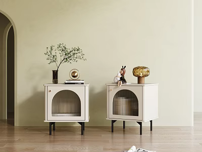 White Bedside Tables With Black Legs And Decorative Items Like Plant Clock Deer Figurine 3d model
