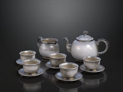 Elegant Silver Tea Set With Teapot Milk Jug Cups And Saucers On Black Background 3d model