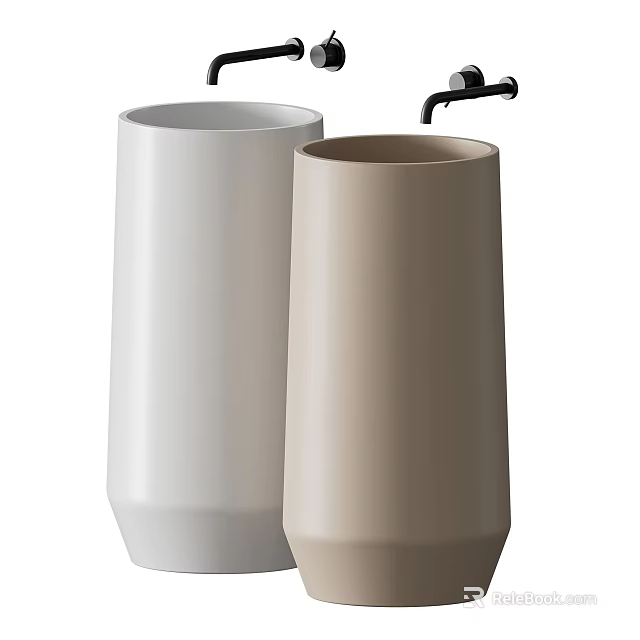 Two Modern Pedestal Washbasins In White And Beige Ceramic With Faucet 3d model 