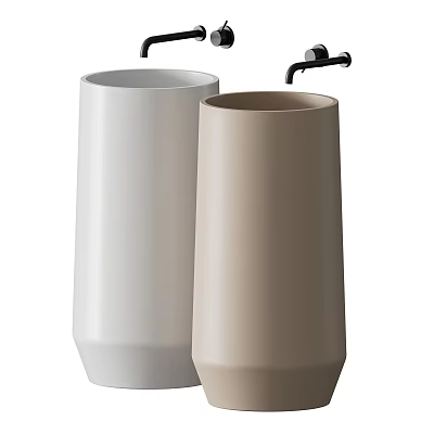 Two Modern Pedestal Washbasins In White And Beige Ceramic With Faucet 3d model