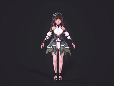 Game and Movie Character With Long Hair White Green Outfit Leaf Decorations Off Shoulder Design 3d model