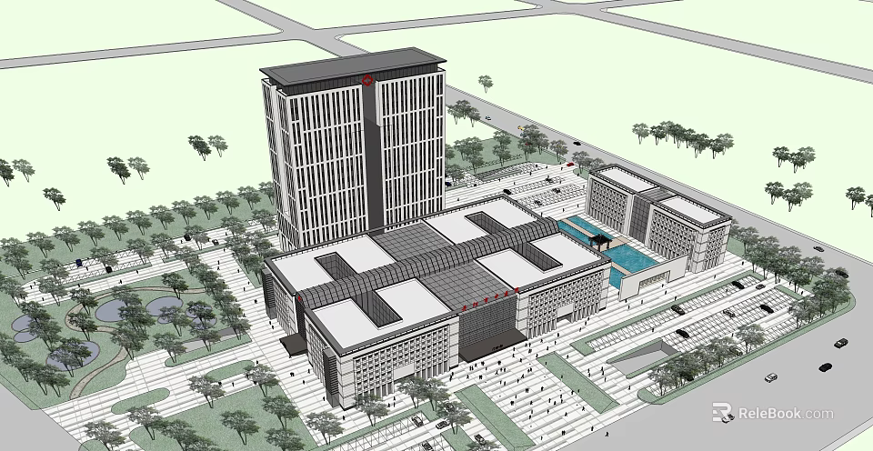 Modern High Rise Commercial Complex With Central Plaza Greenery And Urban Open Space 3d model 