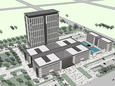 Modern High Rise Commercial Complex With Central Plaza Greenery And Urban Open Space 3d model