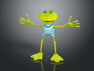 Green Frog Standing With Open Arms Wearing Blue And White Striped Vest On Black Background 3d model