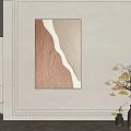 Abstract Painting Hanging on Light Gray Wall with Brown Beige Yellow Vase and Unique Lamp
