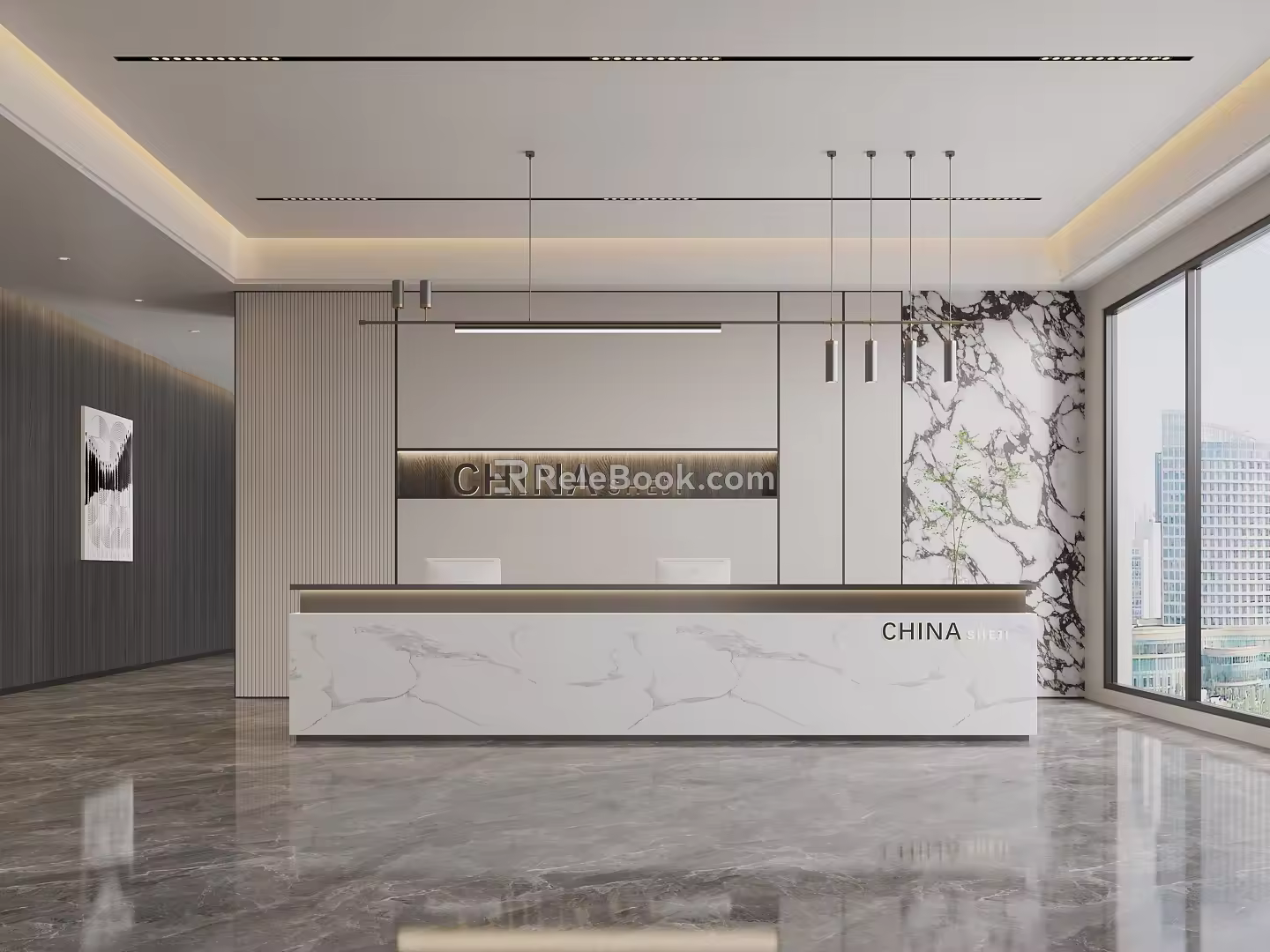 Company Front Desk Front Desk Reception Area Front Desk Background Wall Chandelier 3d model