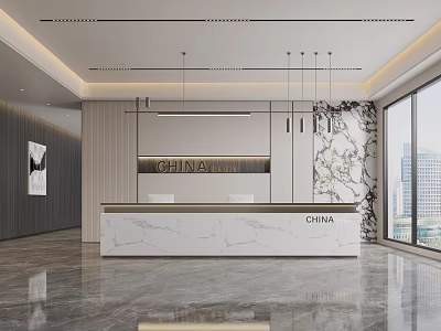 Company Front Desk Front Desk Reception Area Front Desk Background Wall Chandelier 3d model