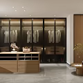 Modern Walk in Closet Interior Design With Wooden Cabinets Glass Doors And Central Island