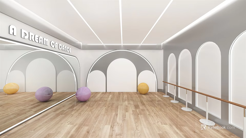 Fitness Dance Studio With Large Mirrors Arched Doorways Wooden Floors Exercise Balls Purple Yellow Barres 3d model 