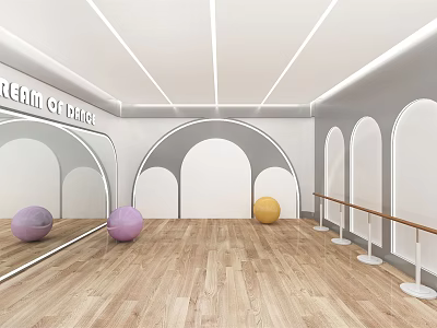Fitness Dance Studio With Large Mirrors Arched Doorways Wooden Floors Exercise Balls Purple Yellow Barres 3d model
