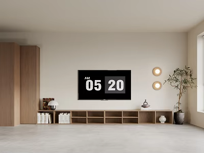 Modern Living Room With TV Wooden Stand Books Decorations Round Wall Lamps And Green Plant 3d model