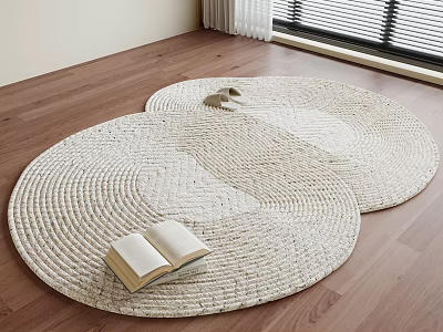 Round Woven Styled Rugs on Wooden Floor Interior with Open Book and Slippers 3d model