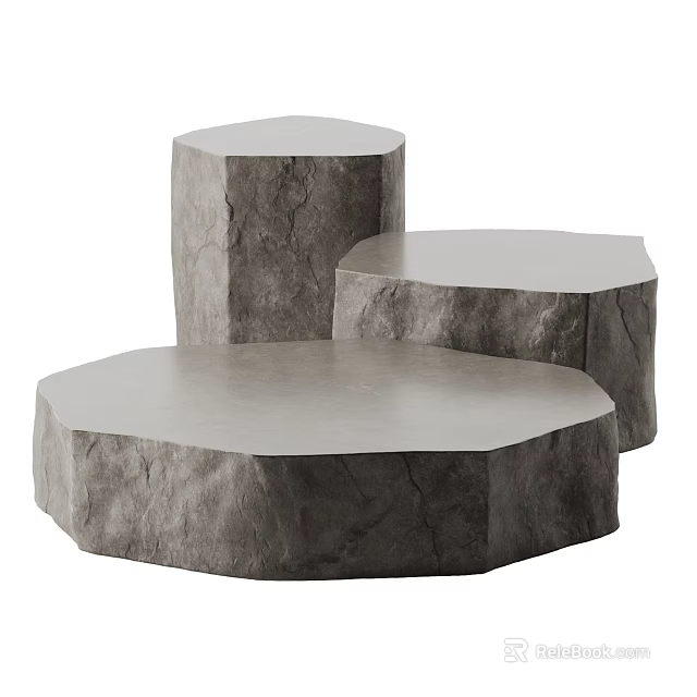 Three Modern Polygonal Stone Coffee Tables With Smooth Top And Rock Texture 3d model