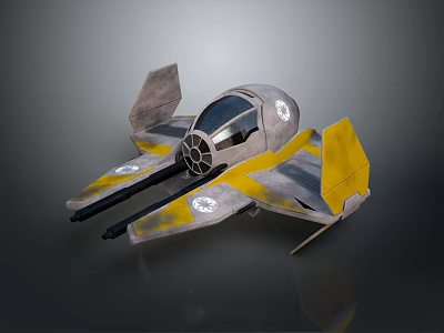 Sci Fi Spaceship 3D Model With Yellow Gray Wings Transparent Cockpit And Emblems 3d model
