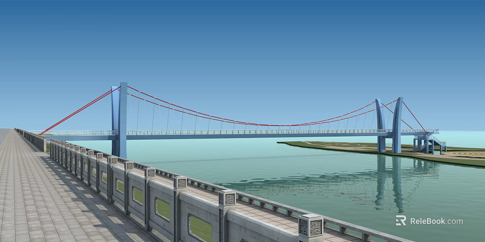 Modern Cable Stayed Bridge With Red Cables Blue Towers Over Calm Water And Clear Sky 3d model 