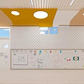 Bright School Interior With Yellow Ceiling Round Lights And Wall Display Frames 3d model