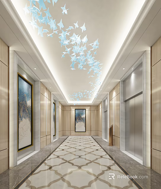 Elevator Lobby With Blue Butterfly Decorations Paintings Marble Floor And Wooden Walls 3d model 