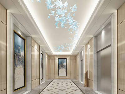 Elevator Lobby With Blue Butterfly Decorations Paintings Marble Floor And Wooden Walls 3d model