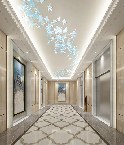 Elevator Lobby With Blue Butterfly Decorations Paintings Marble Floor And Wooden Walls 3d model