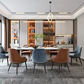 Modern Restaurant Interior With Dining Table Blue Brown Chairs Large Windows Gray Rug And Chandelier