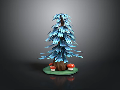 Decorative Wooden Tree Sculpture With Blue Leaves Red Mushrooms And Green Base 3d model