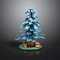 Decorative Wooden Tree Sculpture With Blue Leaves Red Mushrooms And Green Base