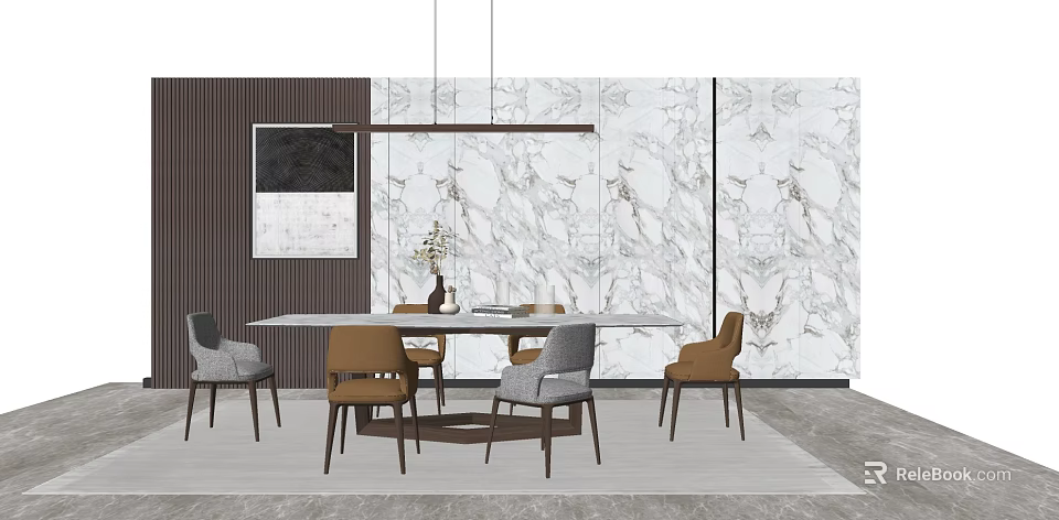 Modern Dining Table Set with Gray Brown Chairs Marble Wall and Pendant Light 3d model