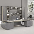 Modern Office Desk Interior With Gray Bookshelf Laptop And Potted Plant