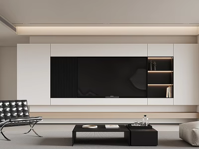 Modern TV Background Wall Design With White Cabinets Black TV And Decorative Shelves 3d model