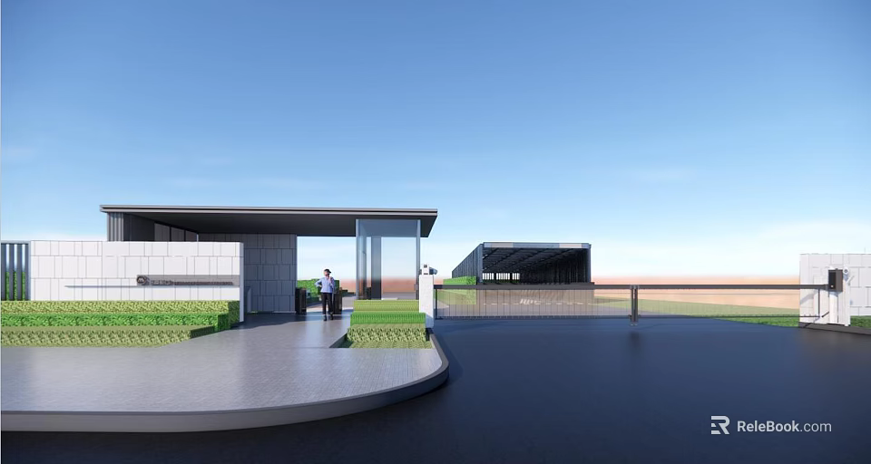 Modern Building Exterior Wall With Sleek Glass Panels And Grass Patio Space 3d model 