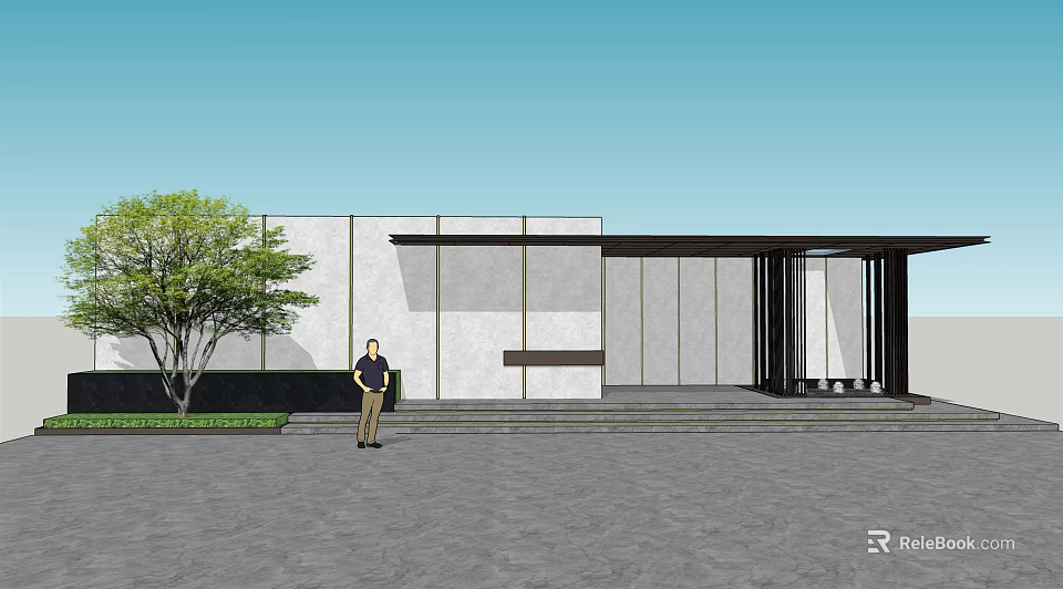 Modern Entrance Gate Design With Glass Metal Structure Steps And Surrounding Trees 3d model 