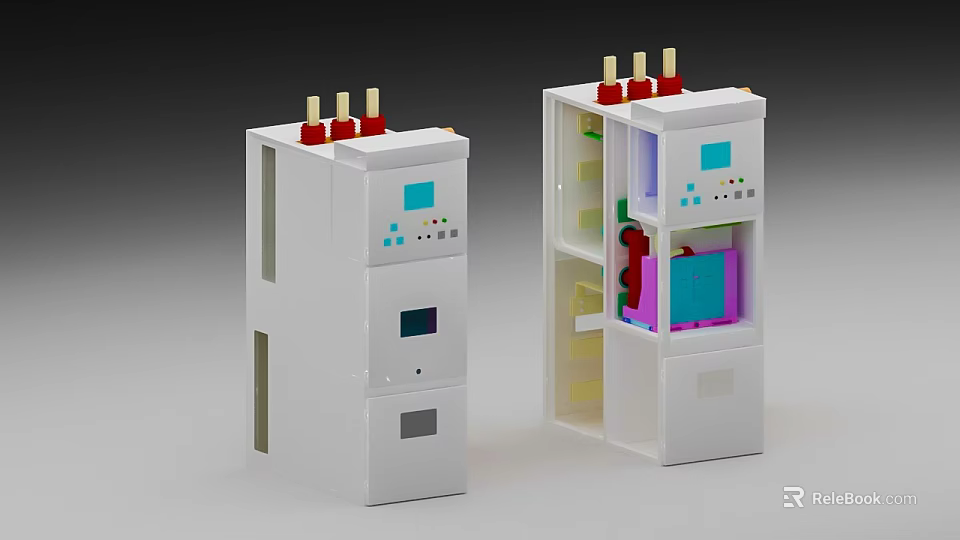 Industrial Control Equipment White Units With Red Terminals Display Screens Transparent Doors Colored Internal Components 3d model 