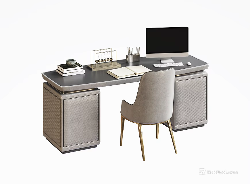 Modern Grey Desk With Computer Monitor Books Stationery And Gold Leg Chair 3d model 