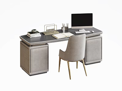 Modern Grey Desk With Computer Monitor Books Stationery And Gold Leg Chair 3d model