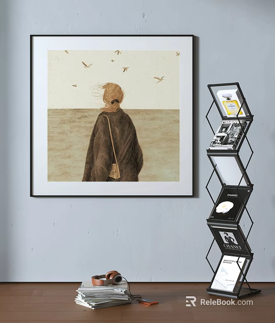 Portrait Painting of Woman Back View with Headscarf Bag Sea and Flying Birds 3d model 